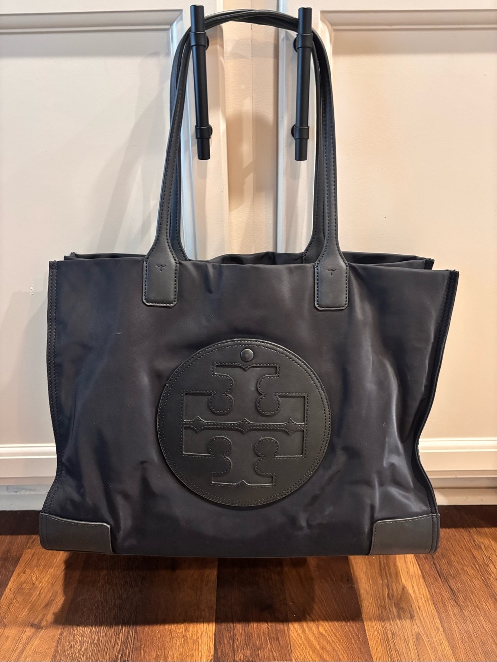 Tory Burch Ella Black Nylon Logo Tote with Leather Trim